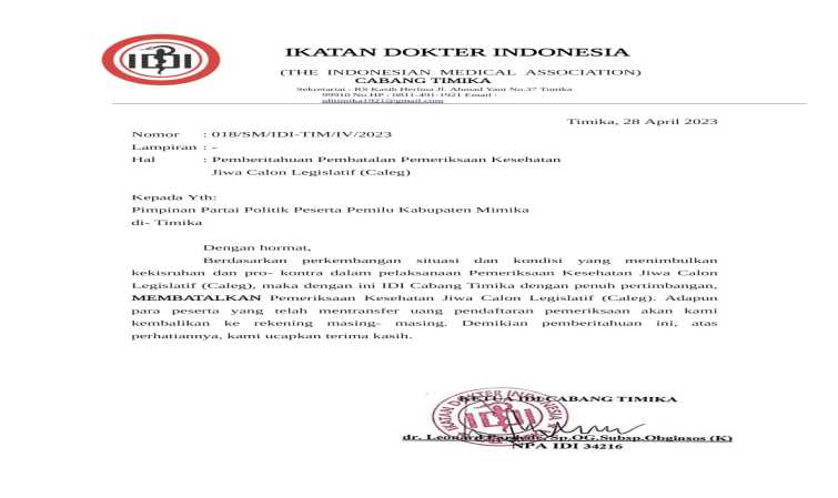 Surat pembatalan memfasilitasi Pemeriksaan Kesehatan Jiwa Bakal Calon Legislatif (Bacaleg) Kabupaten Mimika (Foto:Istimewa)