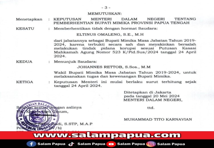 Eltinus Omaleng Diberhentikan Tidak Dengan Hormat Sebagai Bupati Mimika 2019-2024