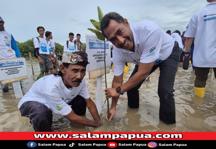 EVP Site Operation & Kepala Teknik Tambang PTFI Carl Tauran melakukan penanaman mangrove secara simbolis (salampapua.com/Foto Corp.Comm PTFI)