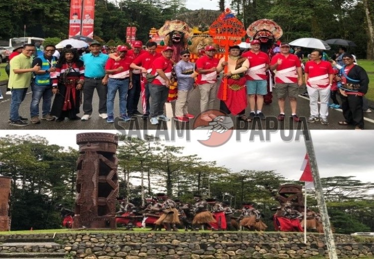 Foto bersama saat pembukaan ?We Are One Festival? (atas) dan situasi saat ritual adat untuk pemugaran Patung Kamoro di Bundaran Kuala Kencana (bawah), Sabtu (19/8/2023) (Foto:salampapua.com/Evita)