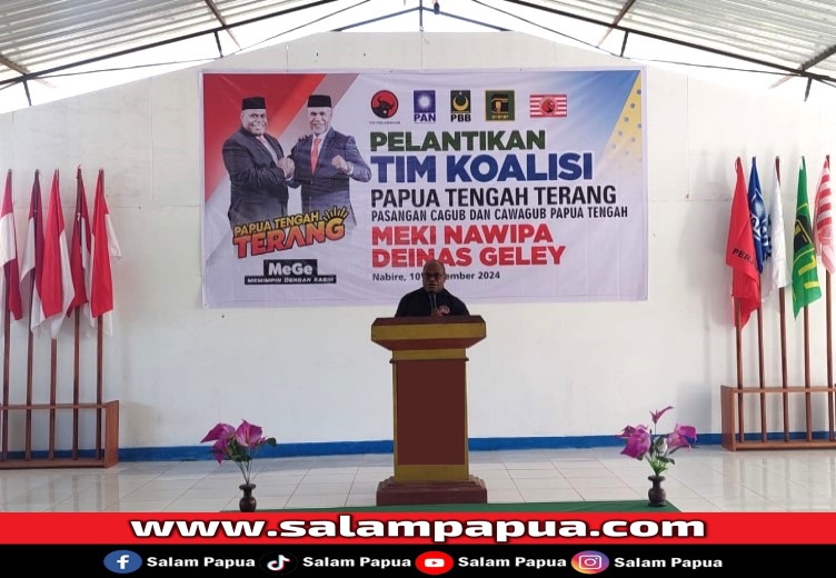 Calon Gubernur Papua Tengah Meki Nawipa saat menyampaikan sambutan (salampapua.com/JR)