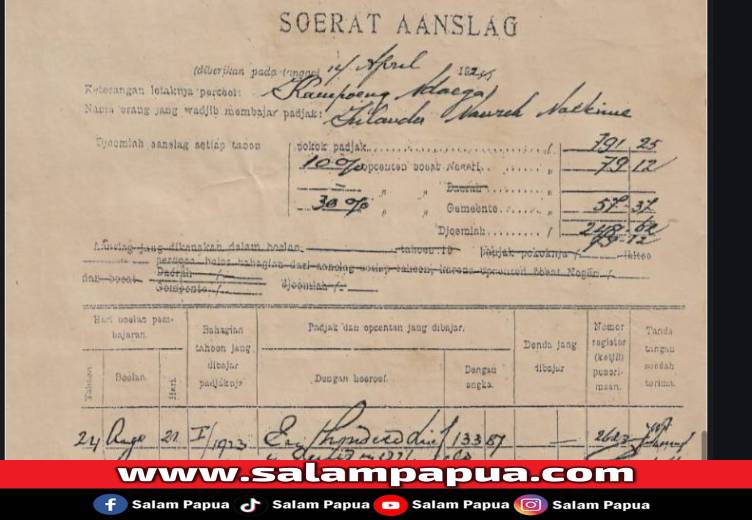 Dokumen ini adalah dokumen pajak tanah kolonial Belanda yang disebut Verponding dan Soerat Aan?slaag. Ini adalah bukti resmi kepemilikan/penguasaan tanah dan kewajiban pajak pada masa Hindia Belanda (Dokumen Keluarga)