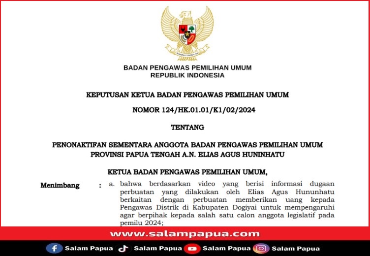 Elias Agus Huninhatu, Anggota Bawaslu Provinsi Papua Tengah Dinonaktifkan Sementara