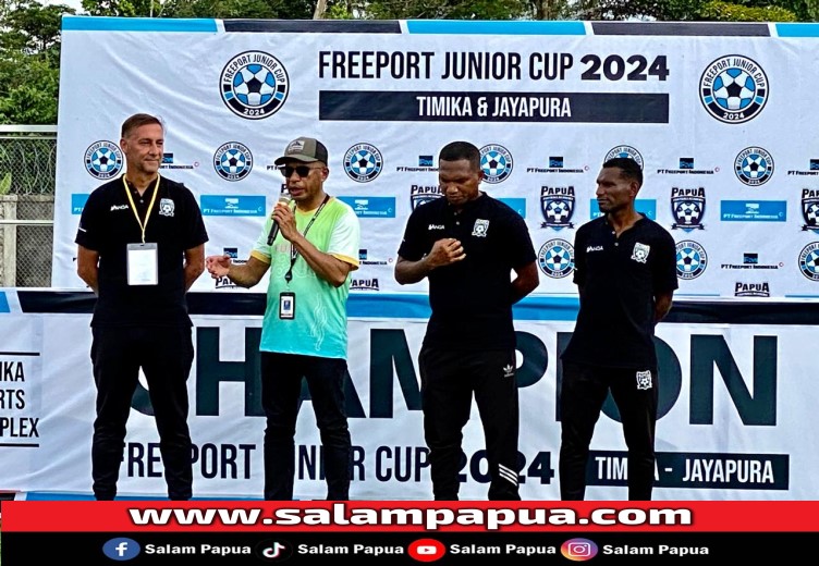 Sambutan VP Community Relations PTFI Engel Enoc saat menutup Freeport Junior Cup (FJC) 2024 (salampapua.com/Evita)
